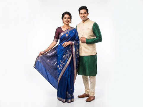 Indian Woman Holding Saree Pallu with Husband in Traditional Ethnic Wear
