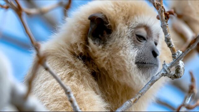 Close up portrait of cute white handed gibbon baby holding tree branch looking curious in nature.