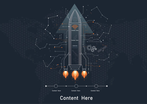 Modern rocket launch process diagram infographic template with project timeline