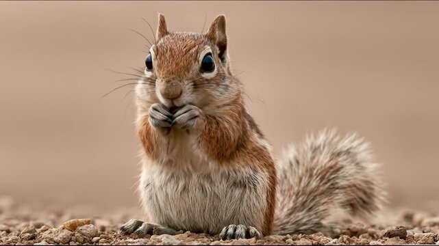 Cute small squirrel standing upright on two feet in natural background looking curious.