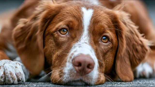 Extreme close up portrait of brown and white dog face looking forward with gentle brown eyes