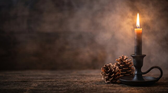 Vintage burning candle in candlestick on rustic wooden table, moody atmospheric background with smoke, cozy winter holiday banner