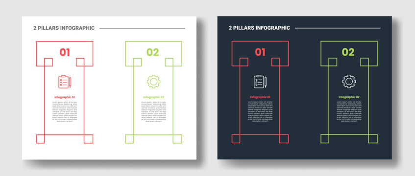 2 pillars step infographic with rectangle bracket column and ruled shaft layout with dark and light color mode set with outline style flat vector