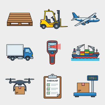 Logistics and Transportation Icon Set Illustrating Global Supply Chain and Warehouse Management Services