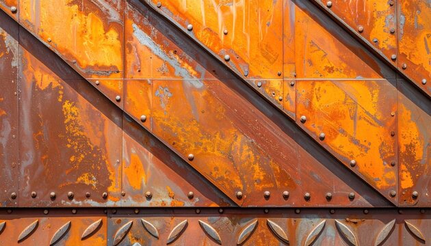 Metal Texture Featuring Orange Rust and Rivets on Industrial Steel Beam