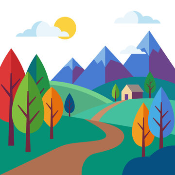 Flat Vector Landscape Illustration Featuring Mountains Trees and Winding Path Under Sun