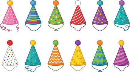 Obraz premium Vibrant Birthday Party Hats Vector Set with Colorful Patterns, Pom Poms, and Elastic Strings for Festive Celebrations, Event Decor, and Invitation Designs