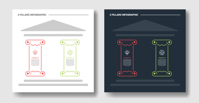 2 pillars step infographic with rounded curve base column and number layout with dark and light color mode set with outline style flat vector