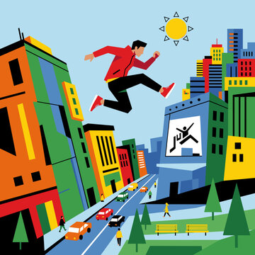 Active Man Jumping Over Busy Colorful Cityscape Street Illustration