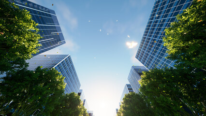 Fototapeta na wymiar High resolution 3d cityscape featuring modern glass skyscrapers, lush green trees, blue sky, upward perspective, sustainable architecture, commercial real estate, corporate business, urban development