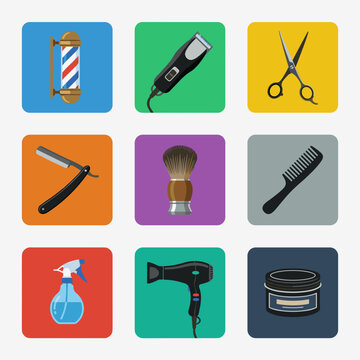 Set of professional barbershop tool icons for hair styling and grooming services