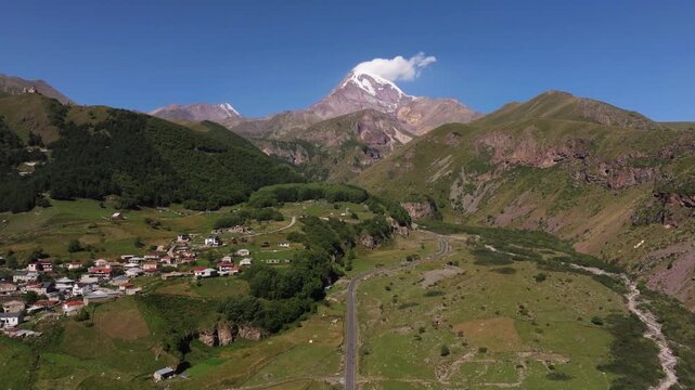 Aerial view of Mount Kazbek and Stepantsminda village in Georgia.