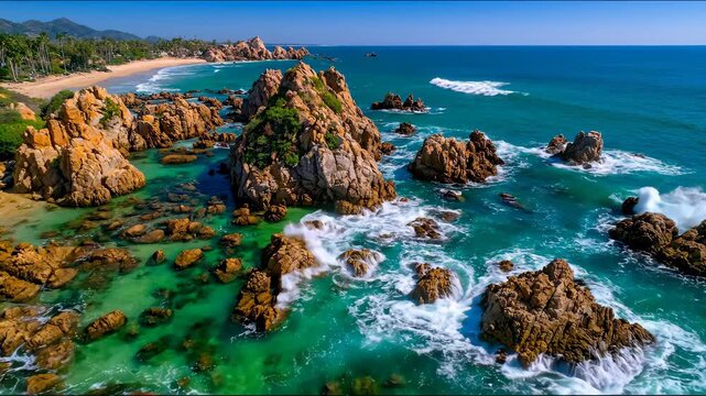 Scenic aerial view of tropical sandy cove beach enclosed by high rocky cliffs with foaming sea waves.
