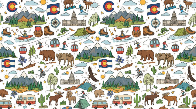 colorado state adventure and nature seamless vector pattern background