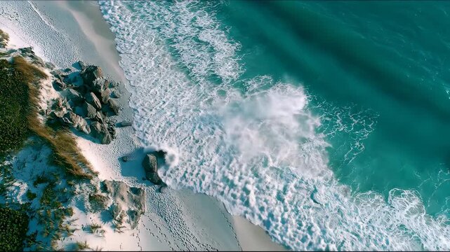 Top down view of dynamic ocean sea waves splashing white foam on sandy tropical coastline.