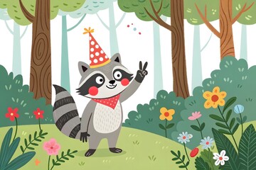 Fototapeta premium Cartoon raccoon waving in a cheerful forest with party hat