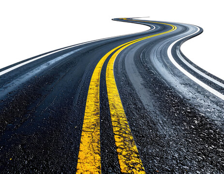 A winding asphalt road with yellow double lines curves into the darkness.