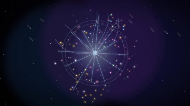 Mystical Purple Constellation Background, Glowing Star Network Animation, Dark Celestial Sky with Light Rays and Sparkles, Cosmic Space Design Loop