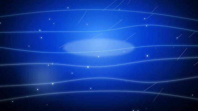 Abstract blue motion background, glowing sine wave lines, particle field, and light streaks, modern digital loop for technology presentations and media layouts