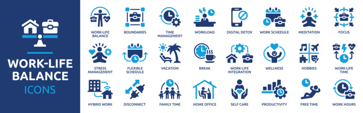 Time Management, Flexible Schedule, Wellness, Workload, Digital Detox, Hybrid Work, Home Office, Family Time and Productivity Solid Vector Icons Collection