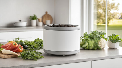 Indoor compost setup with fresh vegetables and herbs on kitchen counter © dvoevnore