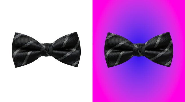 A black bow tie with a subtle grey striped pattern, isolated on a white background, for formal wear, and fashion accessory product