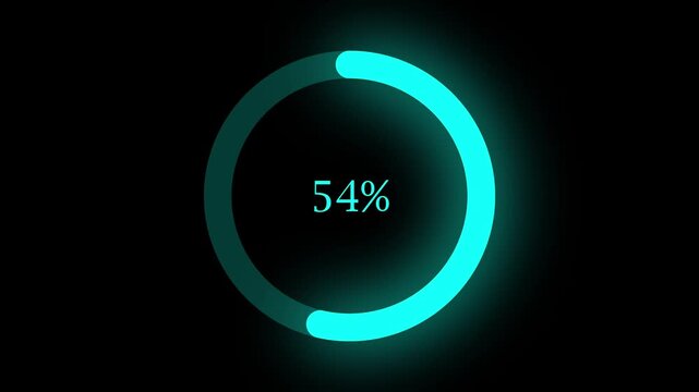 Glowing cyan circular progress bar loading animation with percentage counter on black background circle