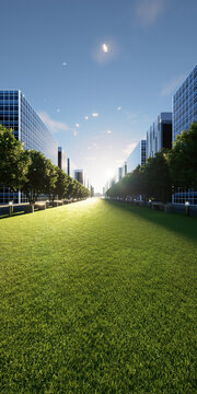 High resolution 3d vertical cityscape featuring lush green lawn, tree lined corridor, modern office buildings, warm sunlight, deep perspective, sustainable urban design, commercial background.