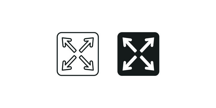 Outline and solid black vector icons of fullscreen mode, for user interface and media player controls.