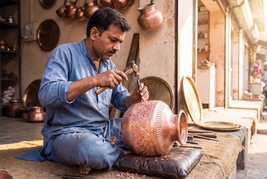 Coppersmith hand carving intricate floral engraving on copper vessel with hammer and chisel