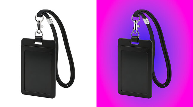A black plastic id card holder with a black lanyard and a metal swivel hook, isolated on a white background, for office and, event security