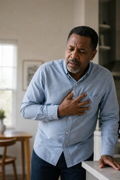 Middle-aged man clutching chest in pain, possible heart attack symptoms indoors
