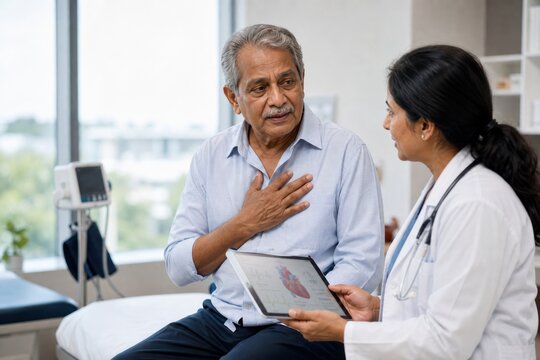 Senior man with chest pain consulting female doctor in clinic