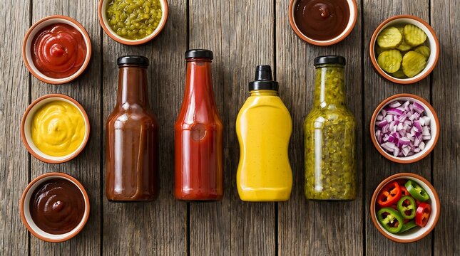 Assorted condiment bottles and small bowls with sauces and fresh toppings on a dark wooden table. Barbecue condiment station