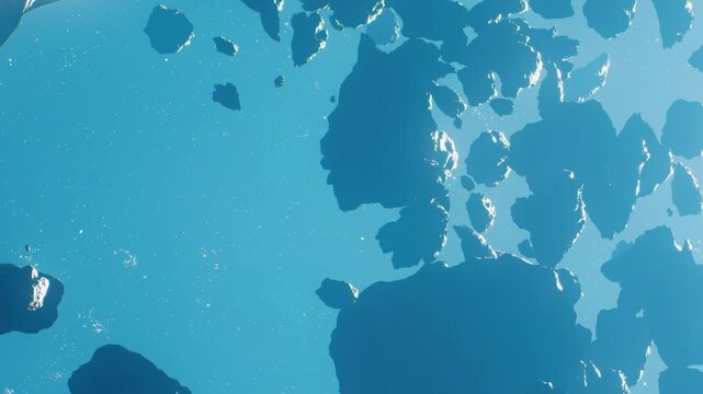 Many asteroids drift in outer space under bright blue light. The scene shows different shapes and sizes of asteroids visible against the open sky.