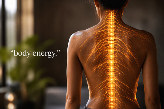 A stylized illustration of a human back with glowing energy lines running along the spine.