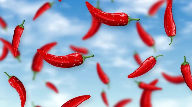 Red Chili Peppers Falling Through a Bright Blue Sky with Clouds