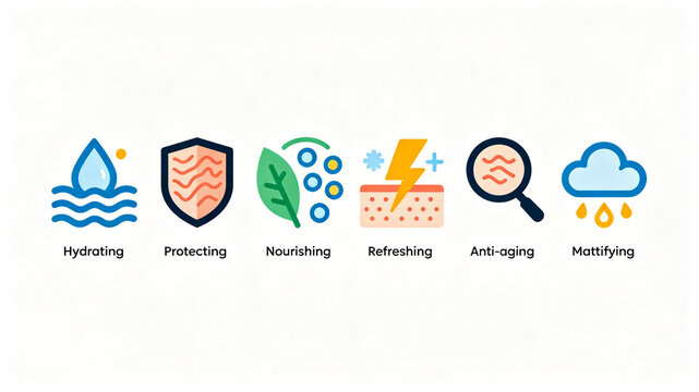 Flat wind skin care selling point icon, water supplement, protection, nourishment, rejuvenation, anti-aging, soft focus, beauty advertising, product packaging auxiliary graphics.

