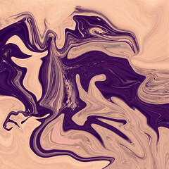 Abstract fluid art pterodactyl dinosaur seamless pattern. Stylized liquid marble background with dark purple flying dragon silhouette and beige wavy lines. © Ivan