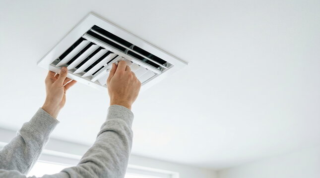 HVAC vent adjusting louver on white ceiling in modern room, representing climate control and home comfort system service.
