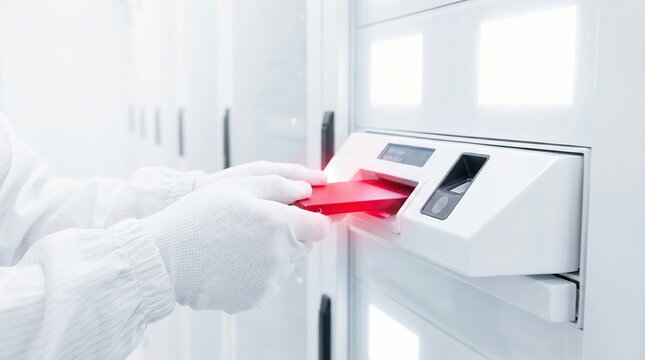 Cleanroom gloved hands inserting data module into reader in pristine high-tech laboratory for secure access and sensitive data management.