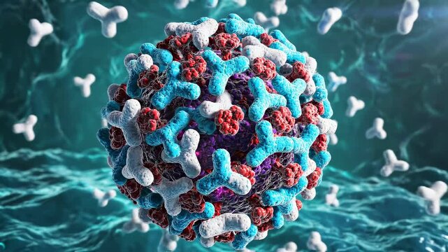 Antibodies binding macro virus view around spiked particle, immune proteins and pathogens for vaccine research, infection response, immunology education, clinical testing, medical diagnostics media