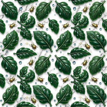 Seamless Pattern Deep Green Mo Cui Jade Leaves with Golden Beetles and Water Drops on Marble for Wealth