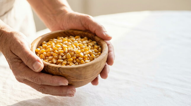 Corn kernels in wooden bowl held by hands indoors on light background, agricultural produce and healthy eating.