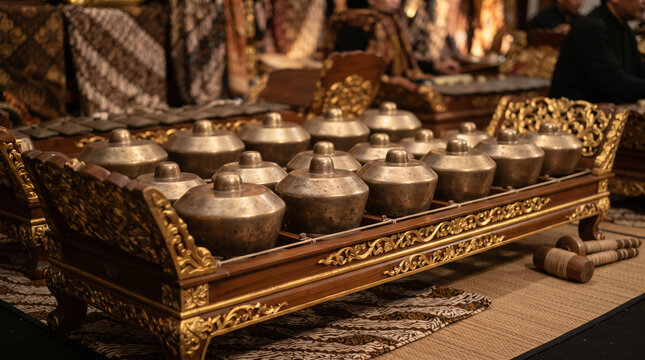 Traditional Javanese bonang barung bronze gongs arranged in carved wooden frame with gold leaf ornament during gamelan performance
