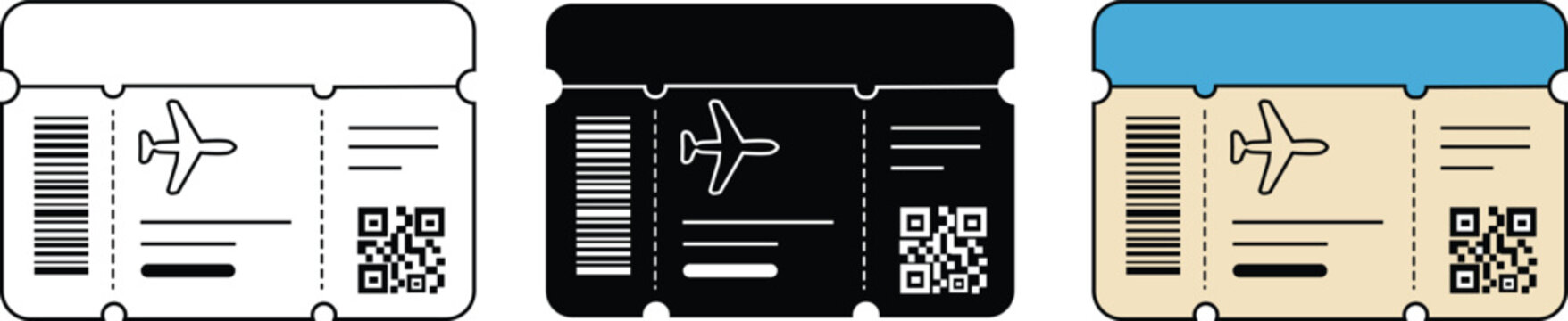 Airline boarding pass and flight ticket icon set for travel booking and airport transportation vector illustration