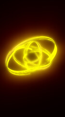 Fototapeta premium Bright yellow glowing orbital loops on a dark warm background, forming a minimal futuristic energy symbol with atomic motion.