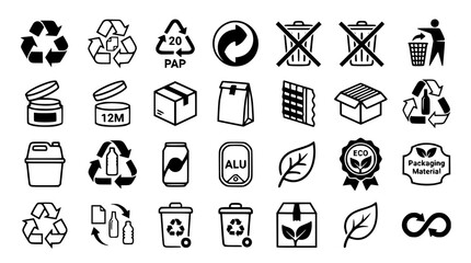 Obraz premium Recycling and Packaging Environmental Symbols Black Vector Icon Set