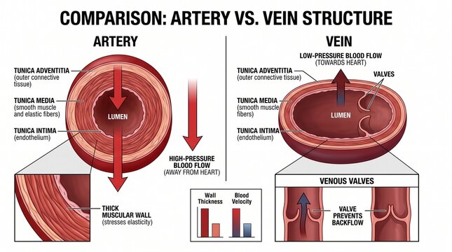 Artery vs Vein Structure Comparison Diagram Showing Anatomical Differences in Blood Vessels