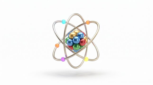 3D atom model with colorful nucleus and orbiting electrons on a white background